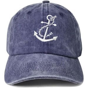 Unisex Navy Blue Washed Anchor Embroidery Adjustable Size Classic Baseball Cap